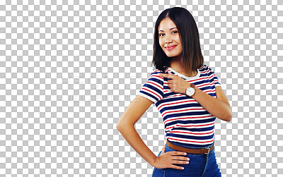 Buy stock photo Woman, portrait and pointing or fashion clothes for news information, announcement or presentation. Female person, finger gesture and isolated transparent png background, message for choice decision