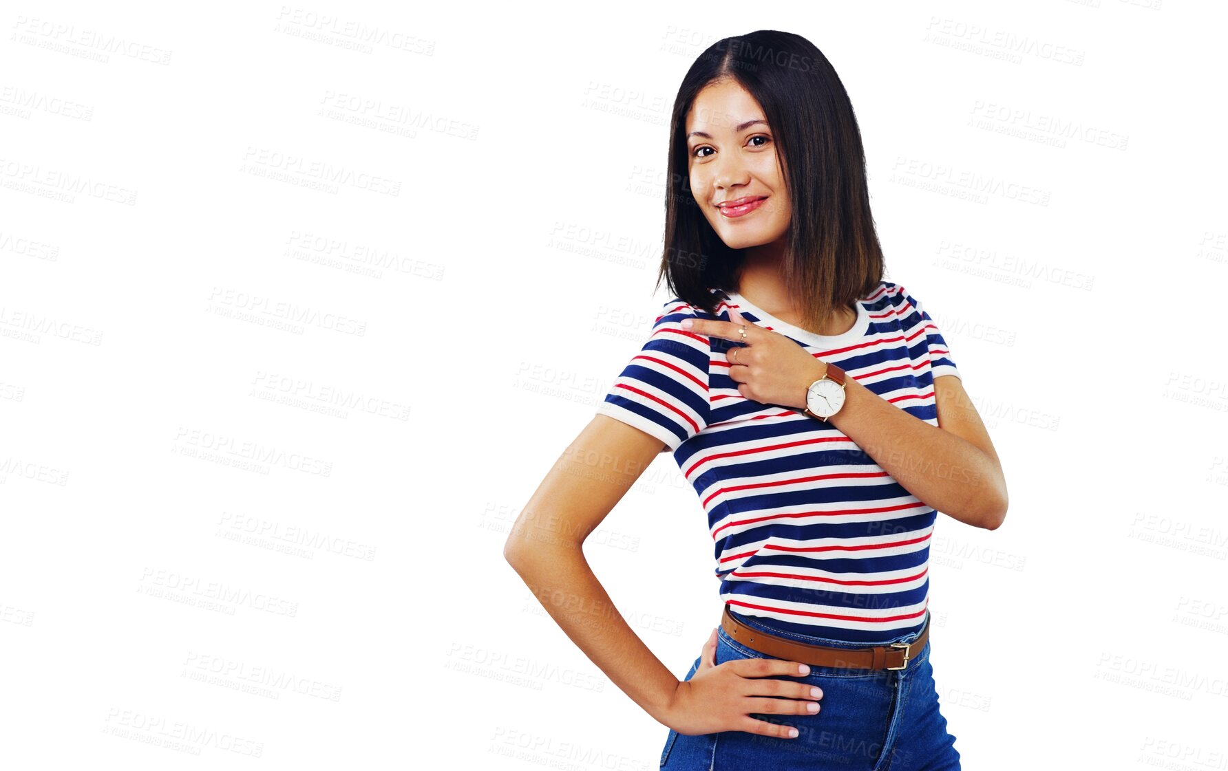 Buy stock photo Woman, portrait and pointing or fashion clothes for news information, announcement or presentation. Female person, finger gesture and isolated transparent png background, message for choice decision