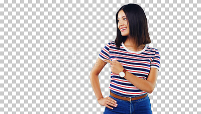 Buy stock photo Thinking, pointing and woman with a smile, decision and opportunity isolated on a transparent background. Person, girl and model with hand gesture, happiness and choice with ideas, png and promotion