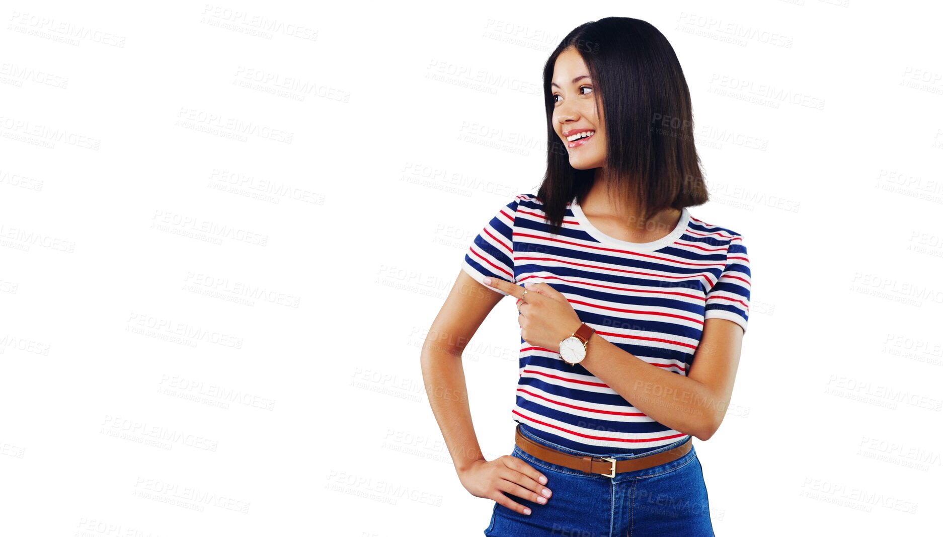 Buy stock photo Thinking, pointing and woman with a smile, decision and opportunity isolated on a transparent background. Person, girl and model with hand gesture, happiness and choice with ideas, png and promotion