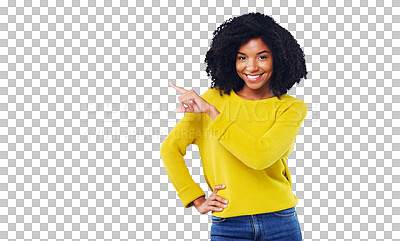 Buy stock photo Portrait, happy woman and pointing with smile for promotion, opportunity or offer with suggestion. Black person, curly hair and fashion with announcement on isolated or transparent png background