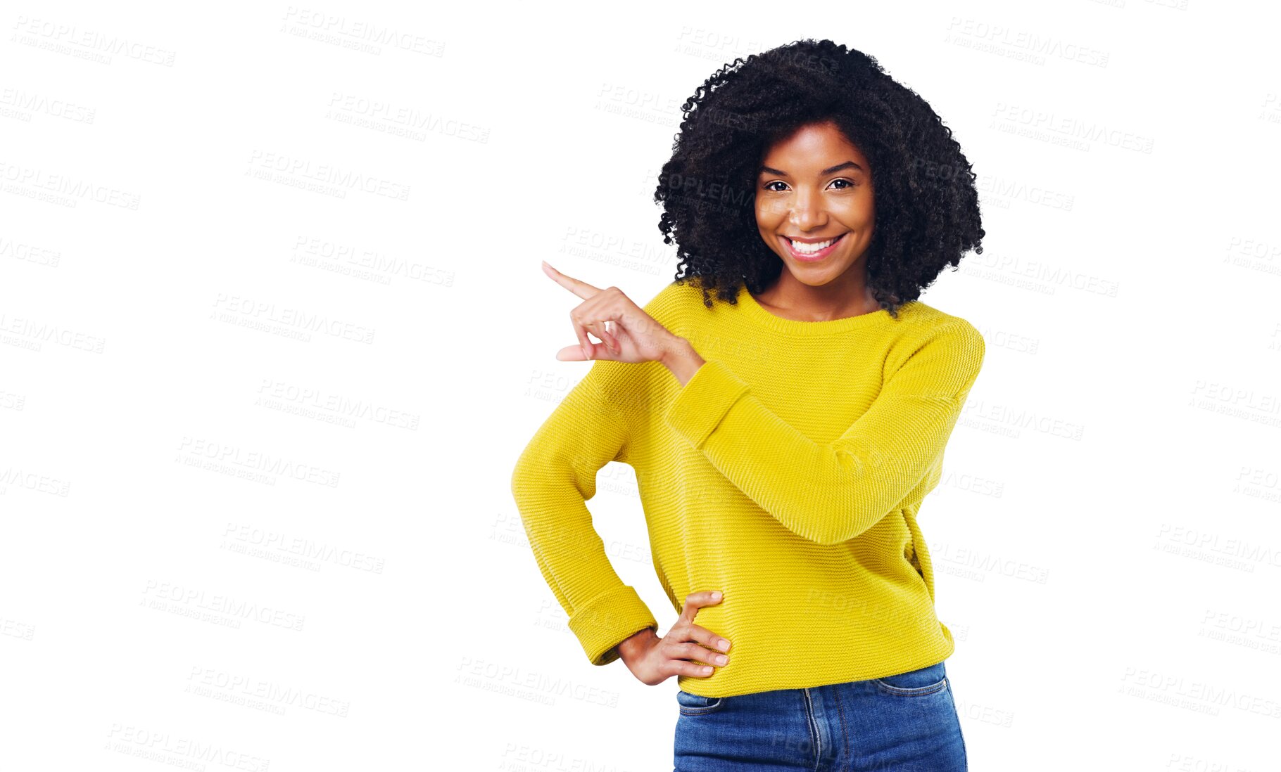 Buy stock photo Portrait, happy woman and pointing with smile for promotion, opportunity or offer with suggestion. Black person, curly hair and fashion with announcement on isolated or transparent png background