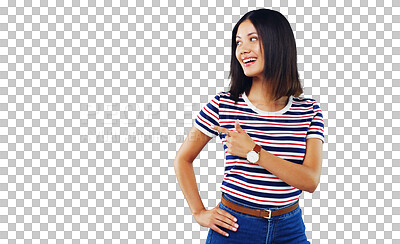 Buy stock photo Woman, pointing and fashion for information, news announcement or presentation. Female person, finger gesture and isolated transparent png background for message sale, choice decision or promotion