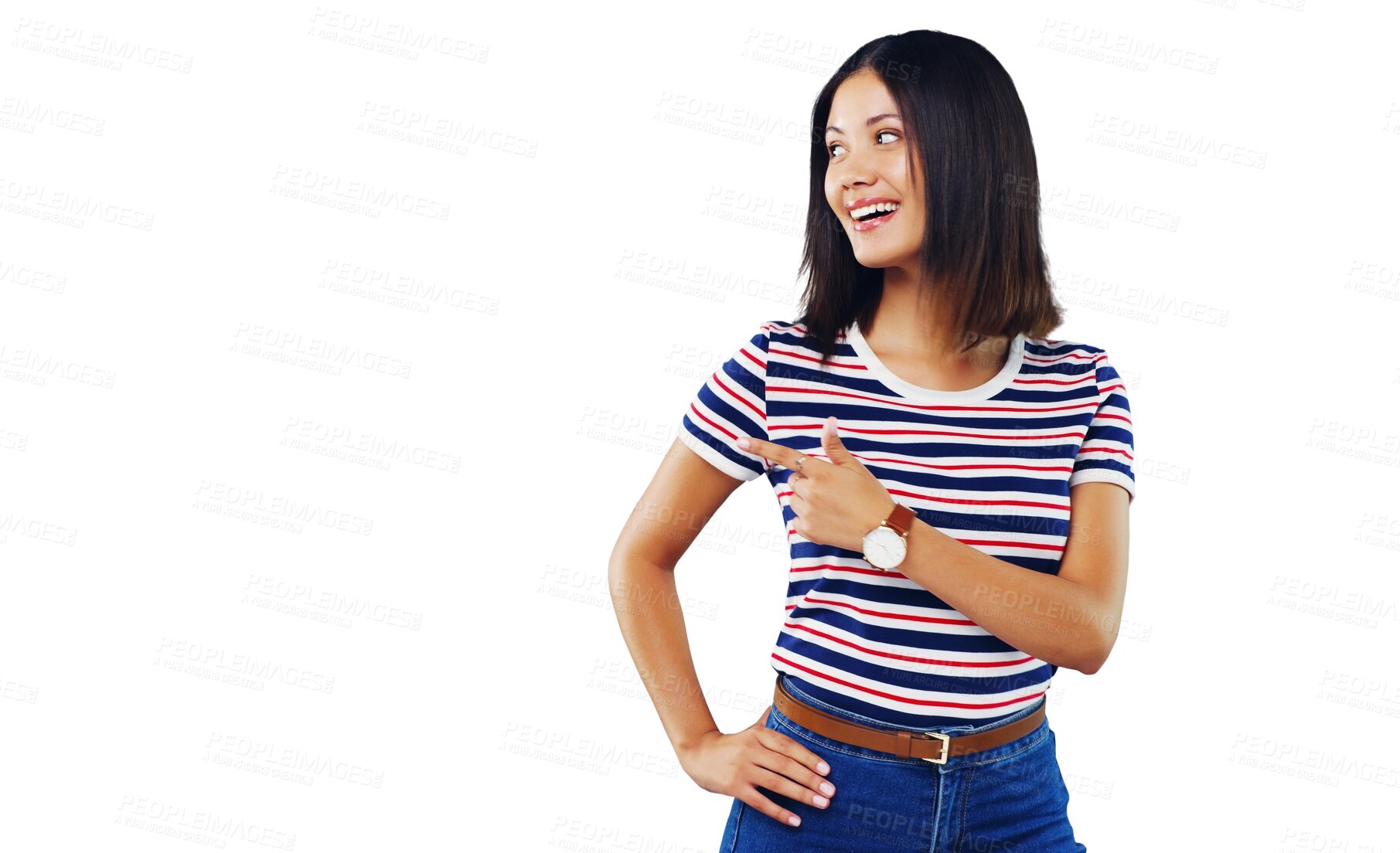 Buy stock photo Woman, pointing and fashion for information, news announcement or presentation. Female person, finger gesture and isolated transparent png background for message sale, choice decision or promotion