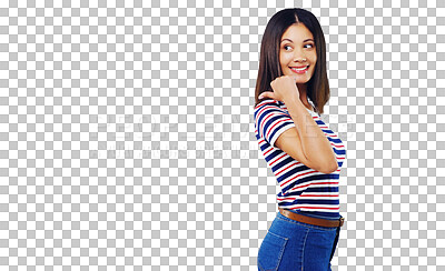 Buy stock photo Woman, pointing and information news for presentation, announcement or launch. Female person, finger gesture and isolated transparent png background for message sale, choice decision or promotion