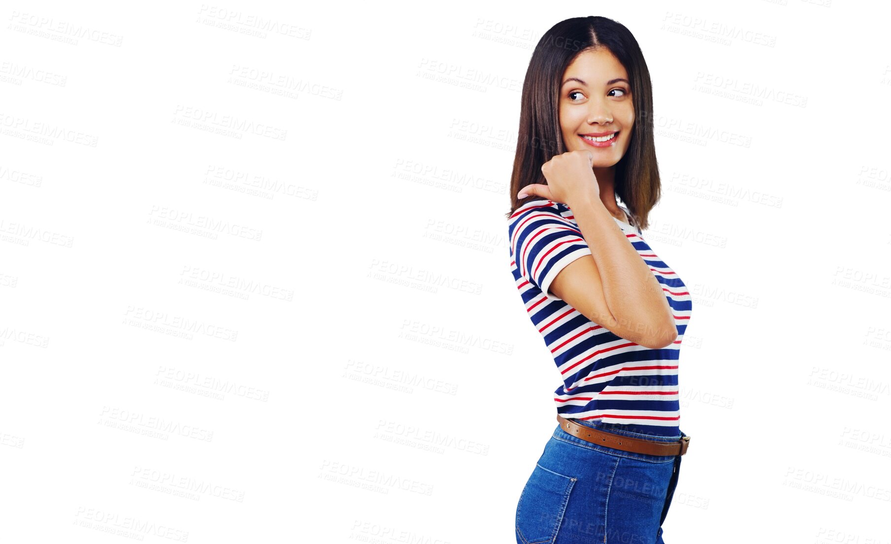 Buy stock photo Woman, pointing and information news for presentation, announcement or launch. Female person, finger gesture and isolated transparent png background for message sale, choice decision or promotion