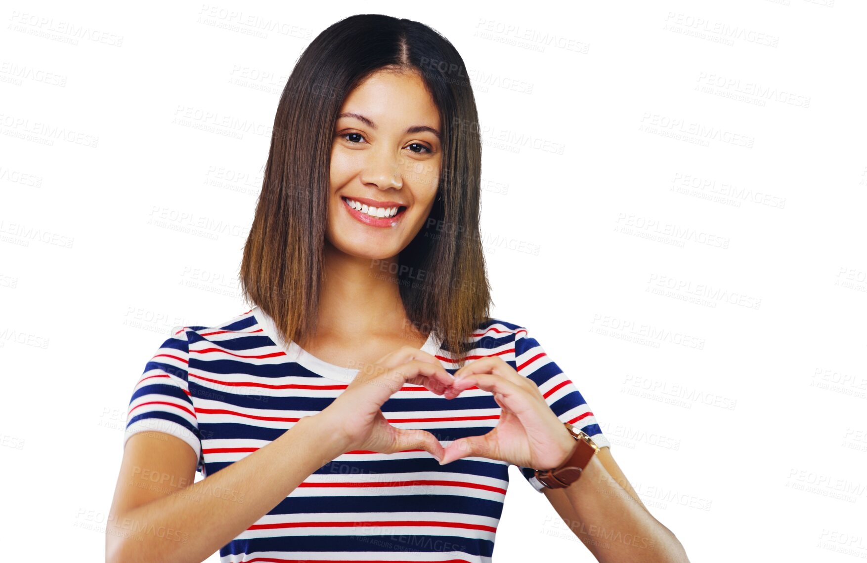 Buy stock photo Woman, fashion and heart sign in portrait, hand emoji and isolated on transparent png background. Happy, confident and beautiful with cool, youth and smiling with face, girl and casual outfit
