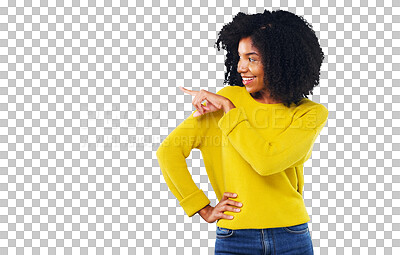 Buy stock photo Happy woman, pointing and smile for information, announcement or alert with offer. Black person, curly hair and fashion with gesture, showing and decision on isolated or transparent png background