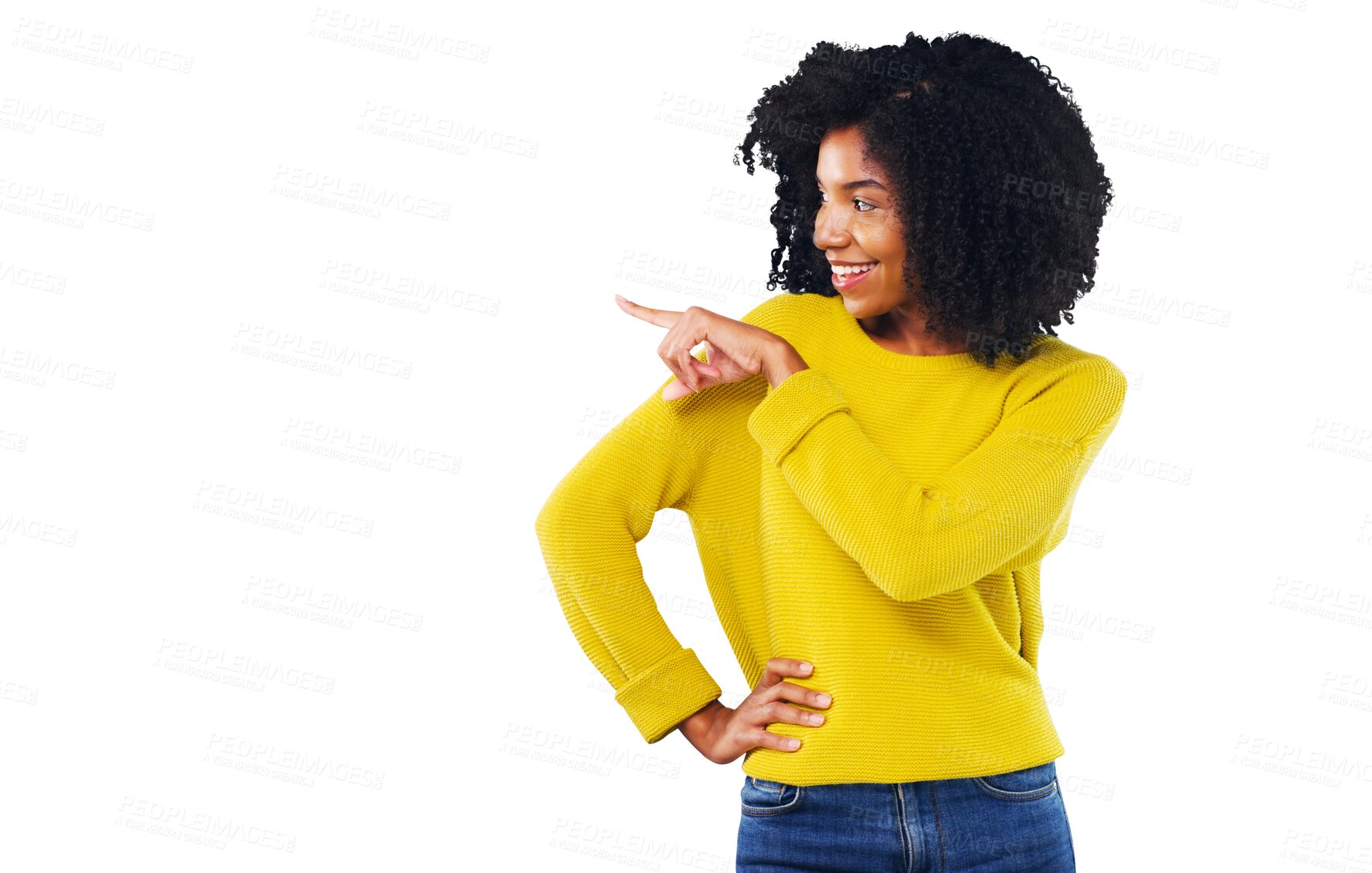 Buy stock photo Happy woman, pointing and smile for information, announcement or alert with offer. Black person, curly hair and fashion with gesture, showing and decision on isolated or transparent png background