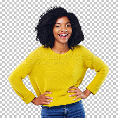 Buy stock photo Woman, portrait or happy with confidence or fashion and casual outfit isolated on png transparent background. Black person, face or smile and beauty, pride or relax for trendy style or cool aesthetic