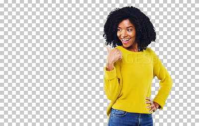 Buy stock photo Happy woman, thumbs up and pointing with smile for news, announcement or offer for promotion. African person, fashion and curly hair in excited face for deal on isolated or transparent png background