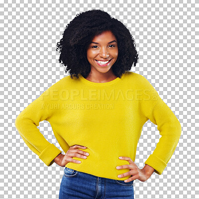 Buy stock photo Black woman, portrait and smile with beauty or fashion or casual outfit isolated on png transparent background. Person, face or happy and confidence, pride or relax for trendy style or cool aesthetic