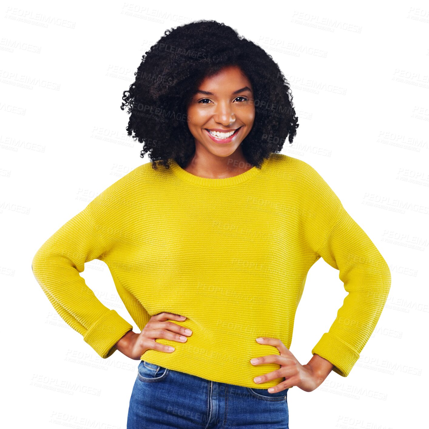 Buy stock photo Black woman, portrait and smile with beauty or fashion or casual outfit isolated on png transparent background. Person, face or happy and confidence, pride or relax for trendy style or cool aesthetic