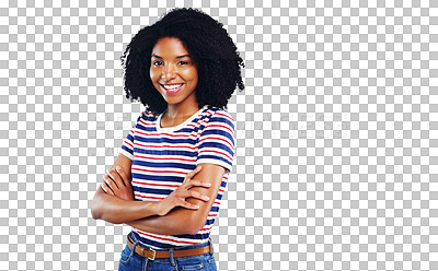 Buy stock photo Woman, portrait and fashion confidence or cool clothes for university student, arms crossed or isolated transparent png background. Female person, face as smile or good positive mood, relax or trendy