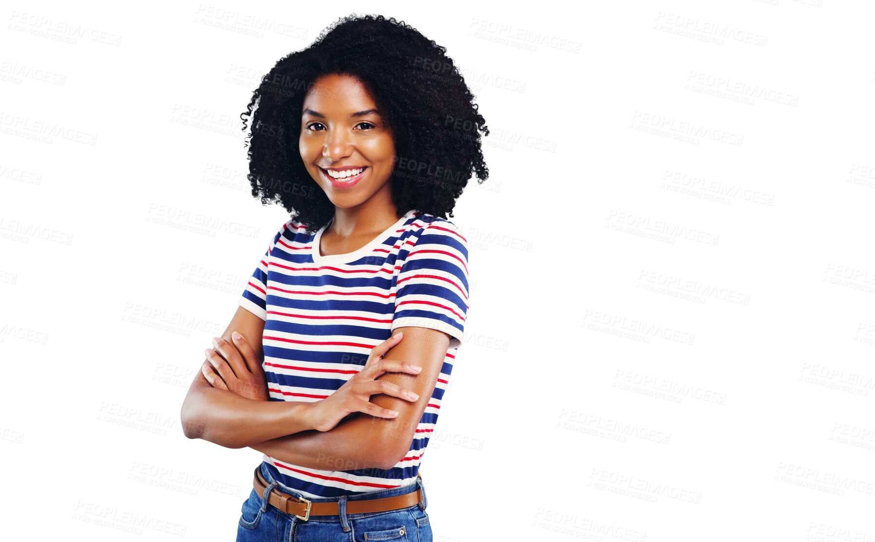 Buy stock photo Woman, portrait and fashion confidence or cool clothes for university student, arms crossed or isolated transparent png background. Female person, face as smile or good positive mood, relax or trendy