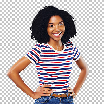 Buy stock photo Black woman, portrait and smile with beauty or fashion or casual outfit isolated on png transparent background. Person, face or happy and confidence, pride or relax for trendy style or cool aesthetic