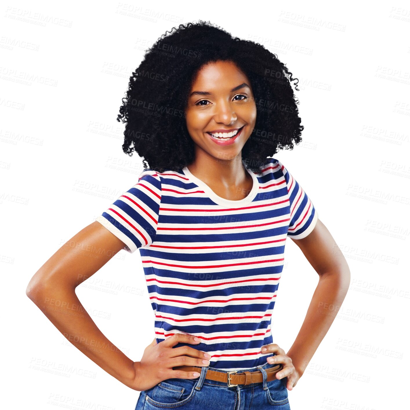 Buy stock photo Black woman, portrait and smile with beauty or fashion or casual outfit isolated on png transparent background. Person, face or happy and confidence, pride or relax for trendy style or cool aesthetic