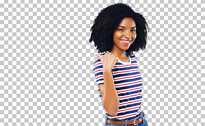 Buy stock photo Happy woman, thumbs up and pointing with smile in portrait for announcement, offer or promotion. African person, fashion and curly hair with excitement face on isolated or transparent png background