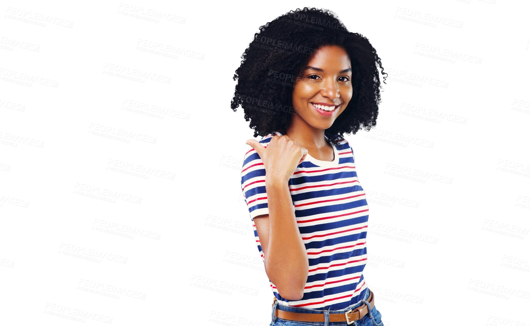 Buy stock photo Happy woman, thumbs up and pointing with smile in portrait for announcement, offer or promotion. African person, fashion and curly hair with excitement face on isolated or transparent png background