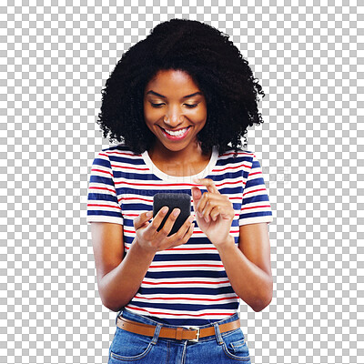 Buy stock photo Young woman, excited and phone for social media, reading news or communication of sale, fashion or discount. African person with notification on mobile or chat, isolated on transparent PNG background