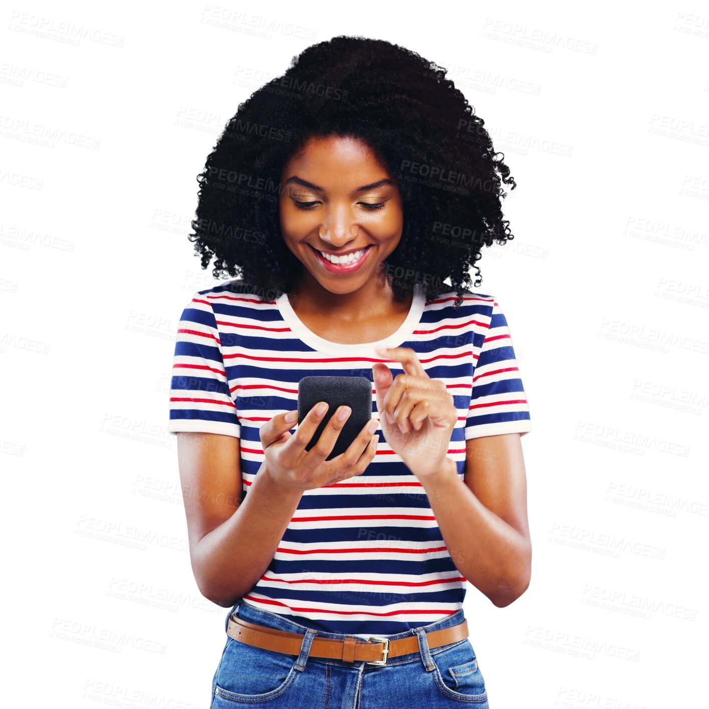 Buy stock photo Young woman, excited and phone for social media, reading news or communication of sale, fashion or discount. African person with notification on mobile or chat, isolated on transparent PNG background