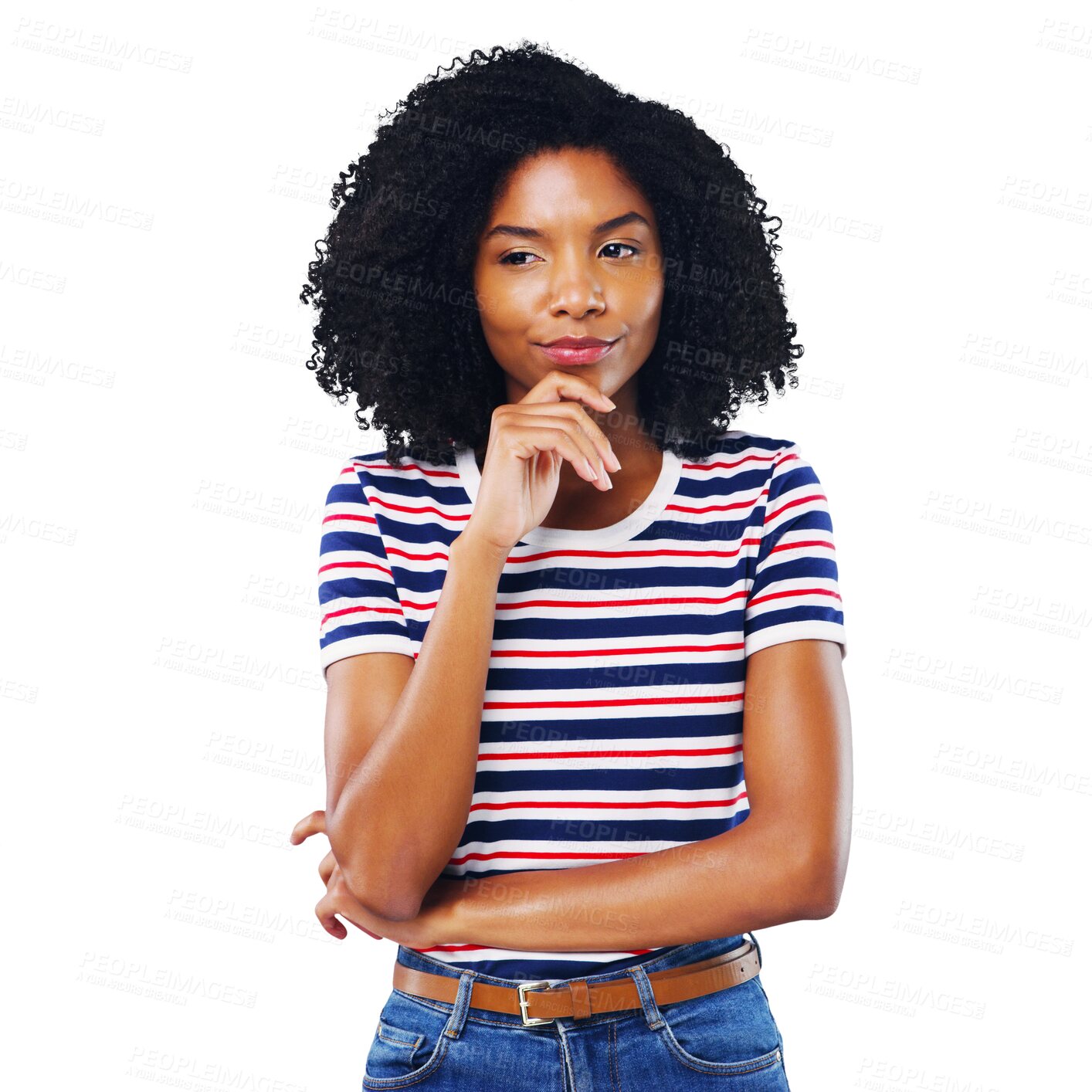 Buy stock photo Portrait, woman and thinking for offer, deal or choice for promotion, message and info. Black person, curly hair and fashion with idea, decision and option on isolated or transparent png background