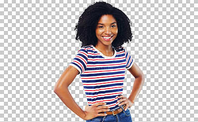 Buy stock photo Woman, portrait and happy with beauty or fashion with casual outfit isolated on png transparent background. Person, face or smile with confidence, pride or relaxing for trendy style or cool aesthetic