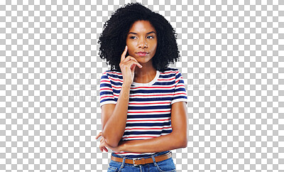 Buy stock photo Black woman, face and thinking in fashion for idea or solution isolated on a transparent PNG background. African female person in wonder or thought in casual clothing for plan, decision or choice