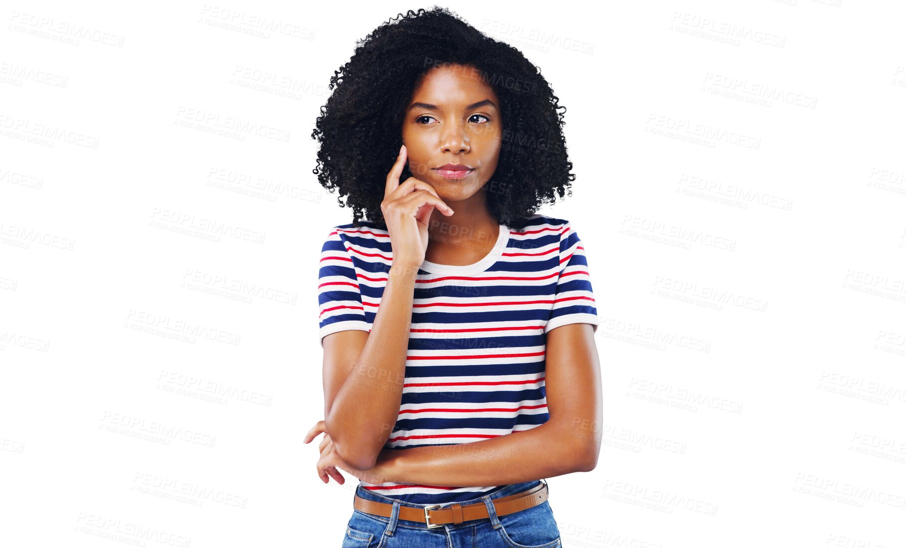 Buy stock photo Black woman, face and thinking in fashion for idea or solution isolated on a transparent PNG background. African female person in wonder or thought in casual clothing for plan, decision or choice