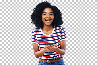 Buy stock photo Happy woman, student portrait and phone for social media, news or communication of college opportunity. Face of young African person on mobile for education isolated on a transparent, PNG background