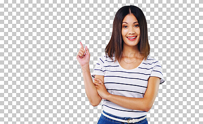 Buy stock photo Isolated woman, smile and pointing in portrait for choice, review or presentation by transparent png background. Girl, model or person with hand, sign and decision with feedback, pride and promotion