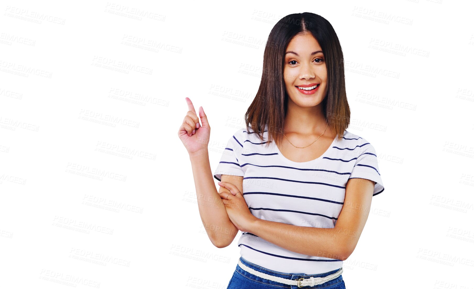 Buy stock photo Isolated woman, smile and pointing in portrait for choice, review or presentation by transparent png background. Girl, model or person with hand, sign and decision with feedback, pride and promotion