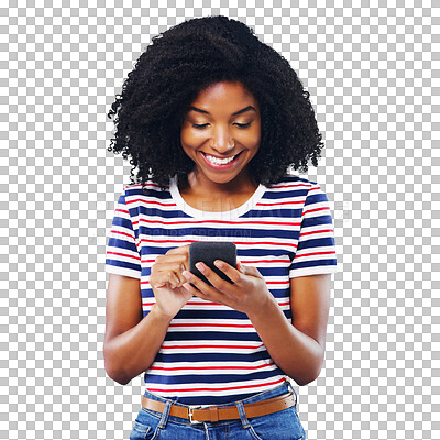 Buy stock photo Black woman, happy and phone for social media, reading news or communication, chat and typing. Young person or student for internet search, contact or mobile isolated on a transparent, PNG background