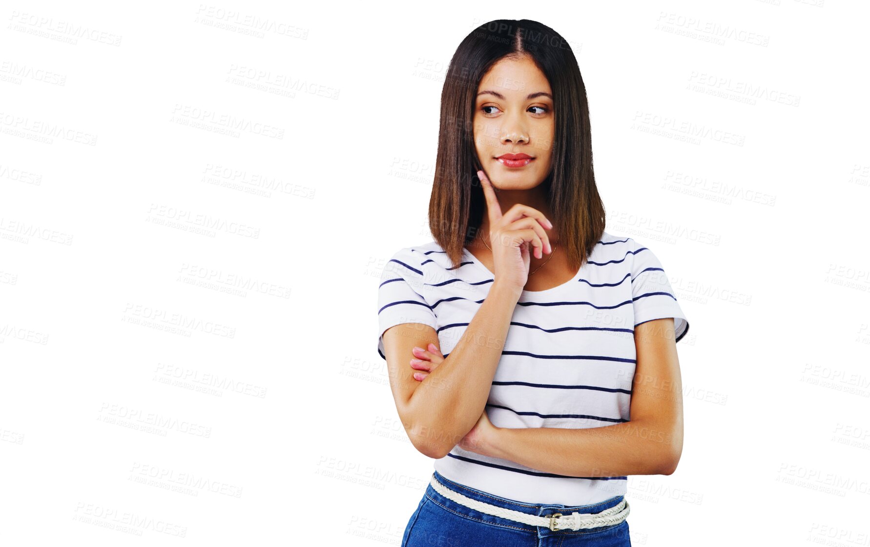 Buy stock photo Thinking, idea and woman with vision, planning future strategy or decision isolated on a transparent png background. Dream, reflection and inspiration of person, problem solving or creative solution