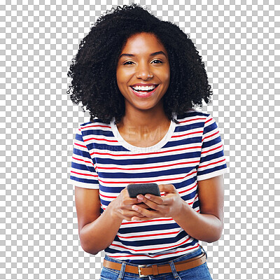 Buy stock photo Happy black woman, portrait and phone in social media or communication isolated on a transparent PNG background. Face of African female person smile on mobile smartphone in online chatting or texting