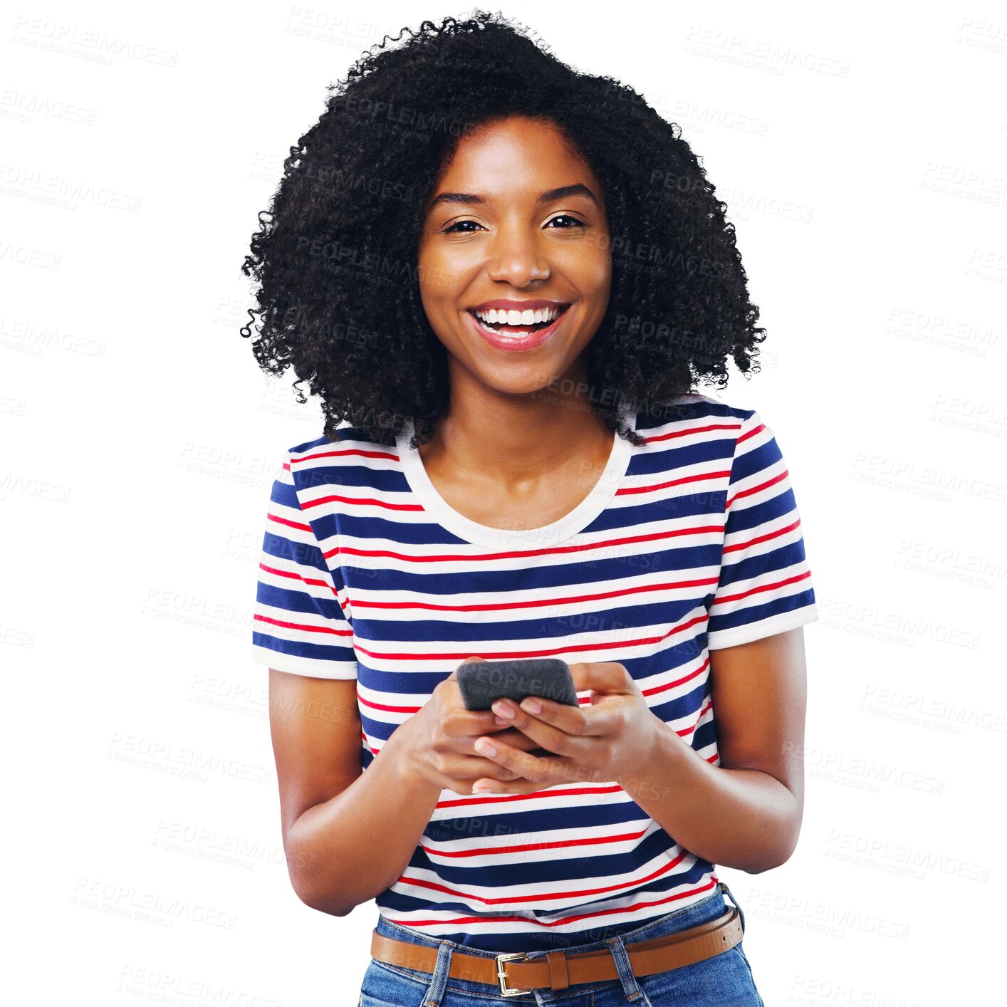 Buy stock photo Happy black woman, portrait and phone in social media or communication isolated on a transparent PNG background. Face of African female person smile on mobile smartphone in online chatting or texting