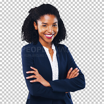 Buy stock photo Portrait, happy and a business black woman arms crossed isolated on a transparent background for work. Corporate, mission and smile with a confident young employee on PNG for her professional career