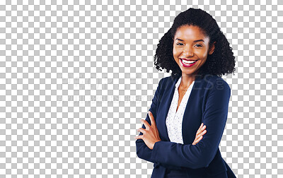 Buy stock photo Portrait, confident and a business black woman arms crossed isolated on a transparent background for work. Corporate, mission and smile with a happy young employee on PNG for her professional career