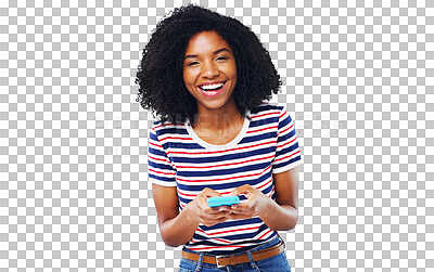 Buy stock photo Happy black woman, portrait and phone laughing for social media or meme isolated on a transparent PNG background. Face of African female person smile on mobile smartphone, internet or funny joke