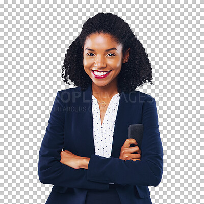 Buy stock photo Portrait, corporate and a business black woman arms crossed isolated on a transparent background for work. Smile, mission and happy with a confident young employee on PNG for her professional career