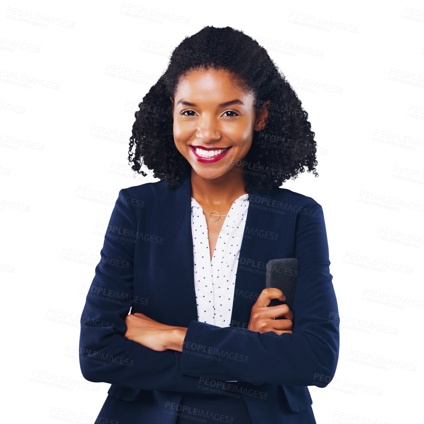 Buy stock photo Portrait, corporate and a business black woman arms crossed isolated on a transparent background for work. Smile, mission and happy with a confident young employee on PNG for her professional career