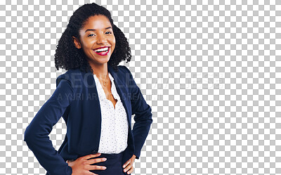 Buy stock photo Happy black woman, portrait and business confidence standing isolated on a transparent PNG background. African female person or professional employee smile with hands on hips in corporate management