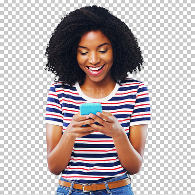 Buy stock photo Happy black woman, phone and typing for social media or communication isolated on a transparent PNG background. Face of African female person smile on mobile smartphone for online chatting or texting