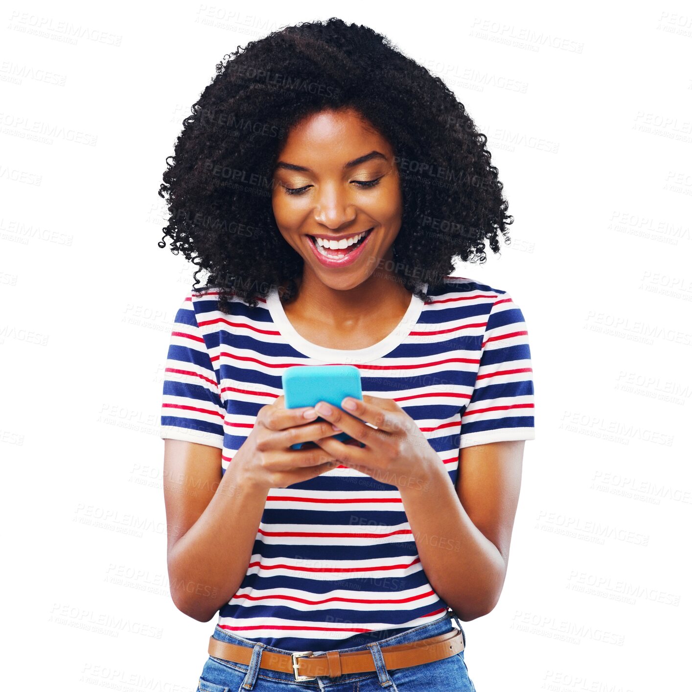 Buy stock photo Happy black woman, phone and typing for social media or communication isolated on a transparent PNG background. Face of African female person smile on mobile smartphone for online chatting or texting