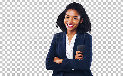 Buy stock photo Portrait, business and a young black woman arms crossed isolated on a transparent background for work. Corporate, smile or happy and a confident employee on PNG with a professional career mindset