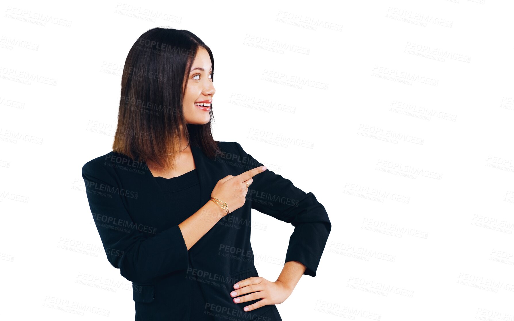 Buy stock photo Business, news and woman with hand pointing to announcement on isolated, transparent or png background. We are hiring, recruitment and female recruiter show sign up promotion, deal or platform offer