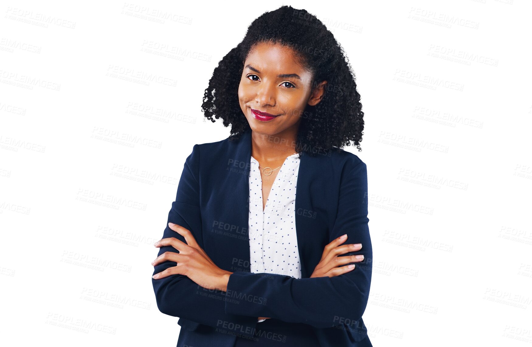 Buy stock photo Portrait, business and a professional black woman arms crossed isolated on a transparent background for work. Smile, mission and happy with a confident young employee on PNG for her corporate career