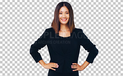 Buy stock photo Happy woman, portrait and smile in business confidence or management isolated on a transparent PNG background. Face of young female person, employee or corporate professional with hands on hip