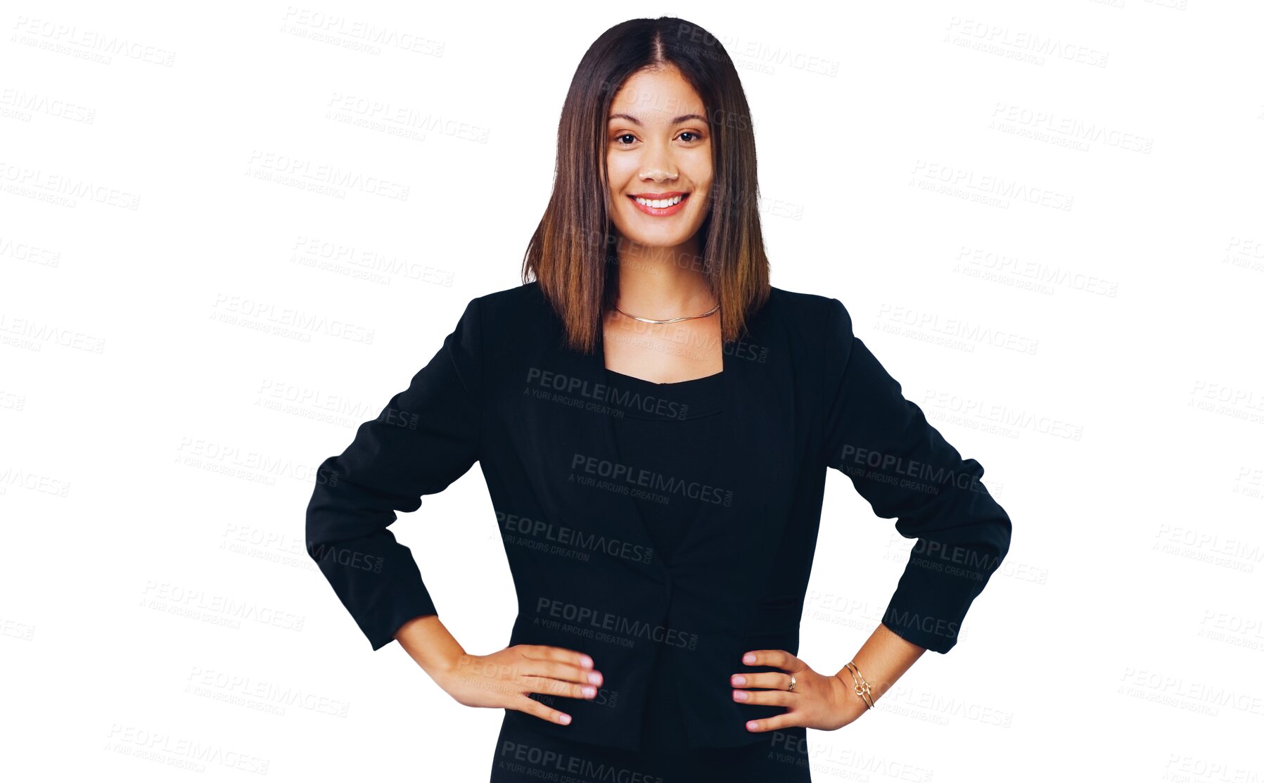 Buy stock photo Happy woman, portrait and smile in business confidence or management isolated on a transparent PNG background. Face of young female person, employee or corporate professional with hands on hip