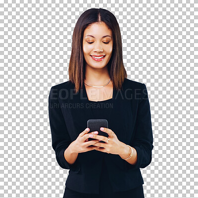 Buy stock photo Professional woman, phone and typing on social media, website or software for human resources or job search. African person with business contact and mobile isolated on a transparent, PNG background